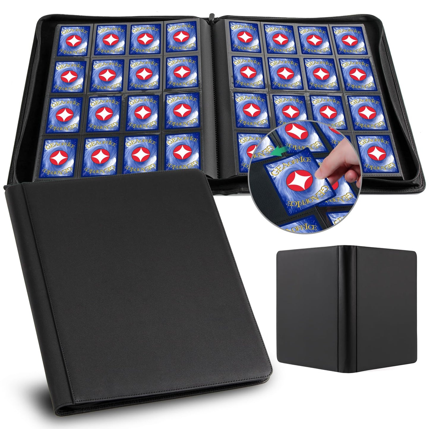 enhanced Card Binder 16 Pocket  GEAoffice PU Cover Trading Card binder for 1000+ Cards  Sturdy Card Collection Album  Card Holder Folders for YuGiOh  MTG  TCG  Game Cards & Sports Cards  Black