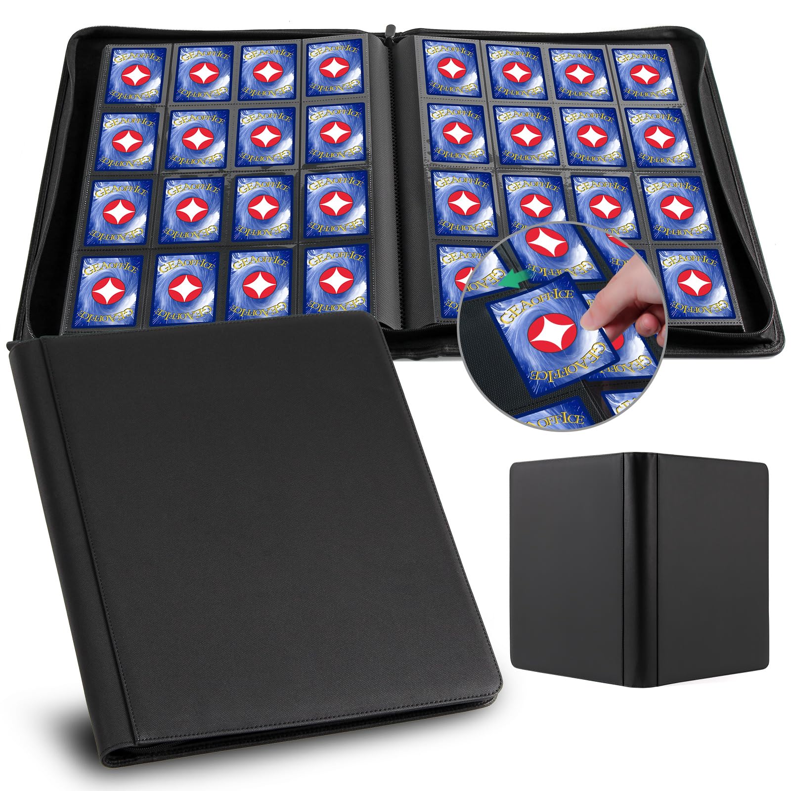 enhanced Card Binder 16 Pocket  GEAoffice PU Cover Trading Card binder for 1000+ Cards  Sturdy Card Collection Album  Card Holder Folders for YuGiOh  MTG  TCG  Game Cards & Sports Cards  Black