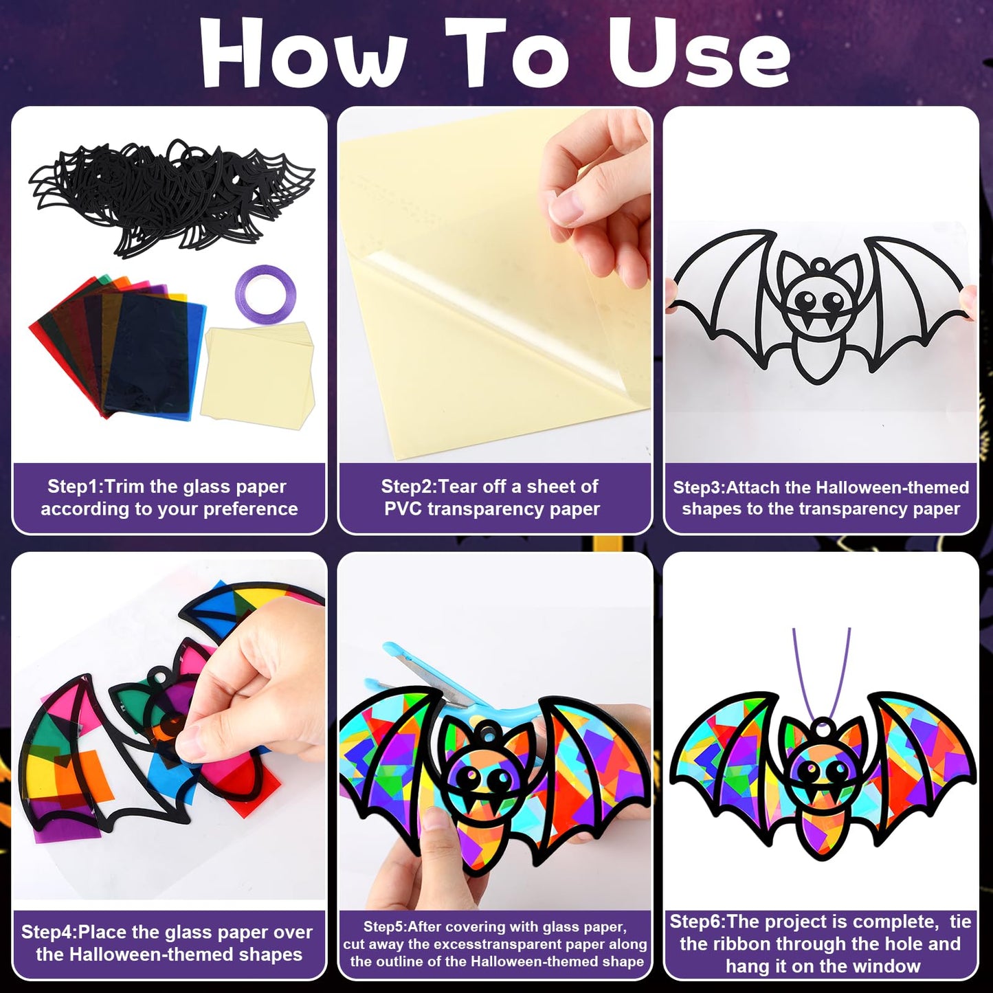 QOUBAI 32 Sets Halloween Bats Suncatchers Craft Kit DIY Window Stained Glass Effect Halloween Bats Paper Crafts Home School Clas