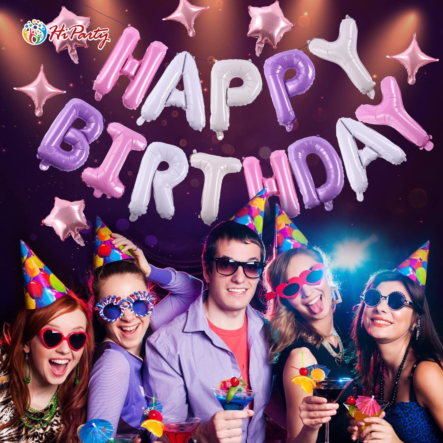 Birthday Banner, 3D Mylar Foil Happy Birthday Balloons, 24Pcs Birthday Party Decorations With 6Pcs Star Balloons For Kids Girls