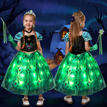 Latocos 10Pcs Light Up Anna Costume For Girls Kids Princess Dress Up Cloths For Little Girls Halloween Cosplay