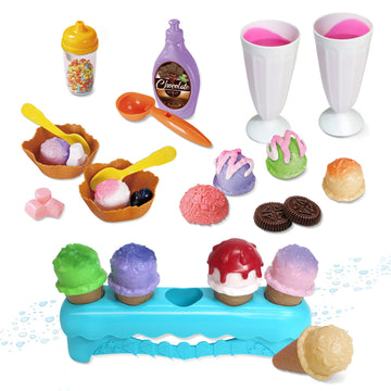 Kidzlane Ice Cream Play Set | 34 Piece Ice Cream Toy Set with Color Changing Scoops & Toppings | Pretend Play Food Toy for Kids 