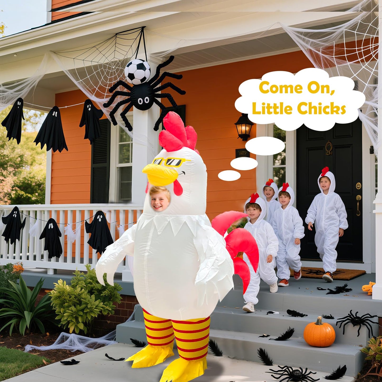 Camlinbo Halloween White Rooster Inflatable Costume  Funny Chicken Wearing Sunglasses Full Body Blow Up Costumes for Kids Boys Girls  Visible Face Halloween Inflatable Costume for Cosplay Party