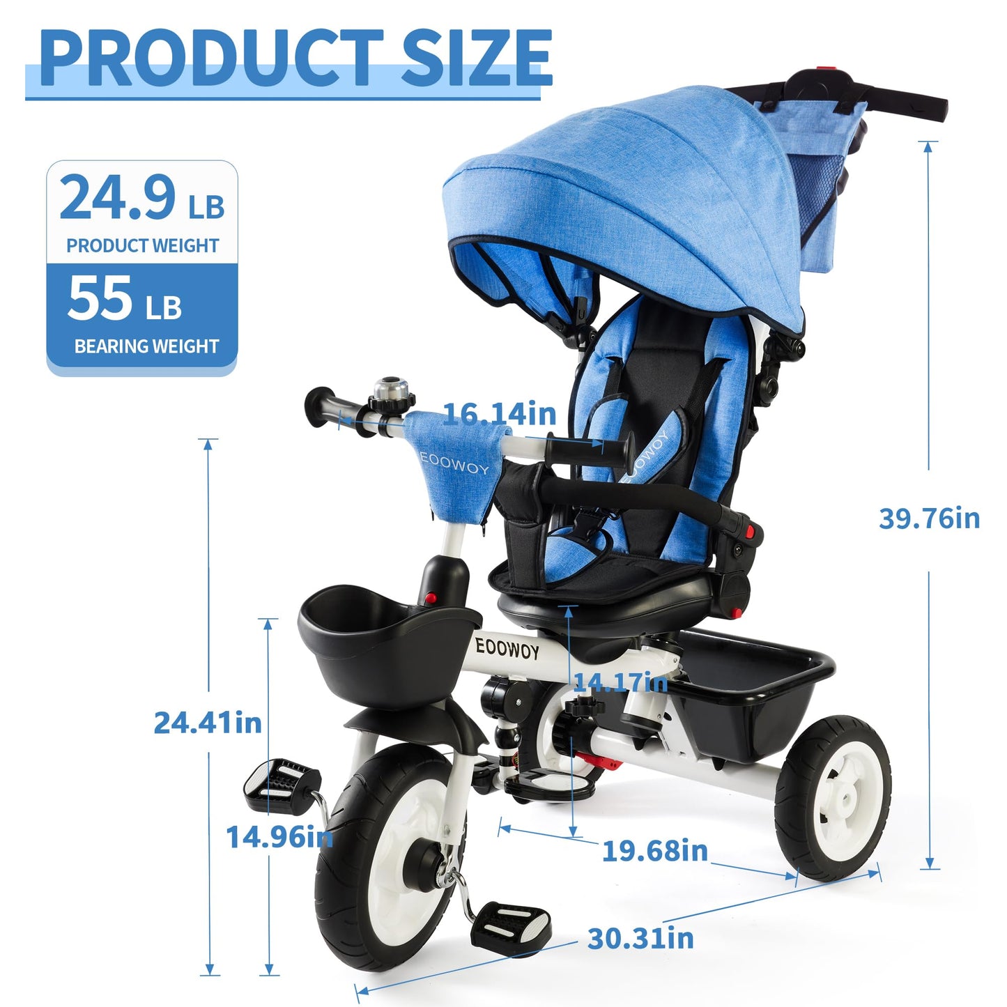 EOOWOY Baby Trike, 6-in-1 Kids Tricycle with Adjustable Push Handle, Removable Canopy, Safety Harness for 18 Months - 5 Year Old