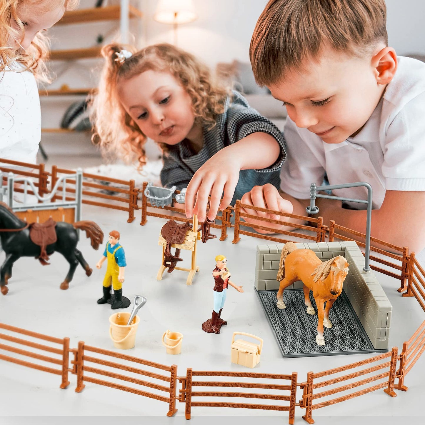Peagprav Horse Stable Figurine Playset Horse Club With Rider Horse Wash Area Fence Figures Animal Toys Set Gifts For Girls And B