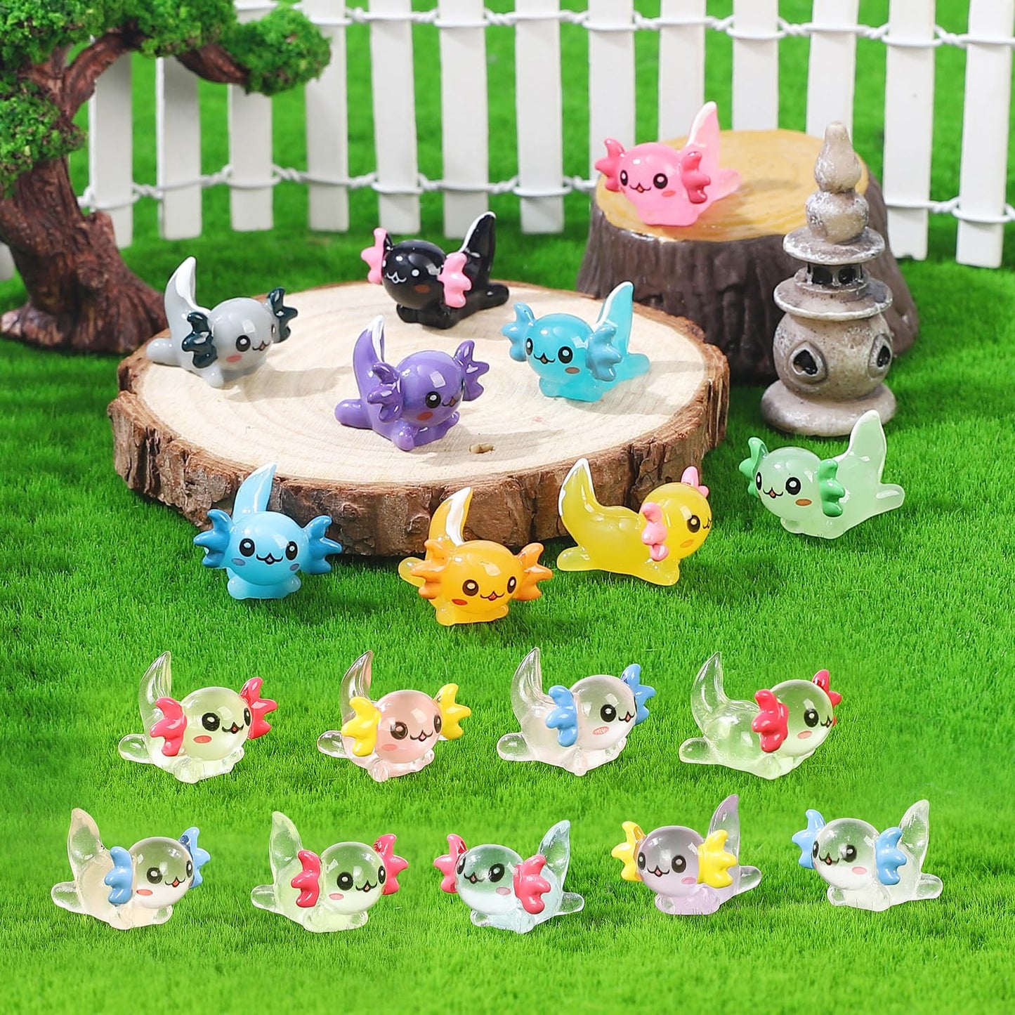 CozyWhimsy Mini Resin Axolotl Set - 51 PCS Glow-in-the-Dark Aquarium Decor for Dollhouse and DIY Miniature Gardens