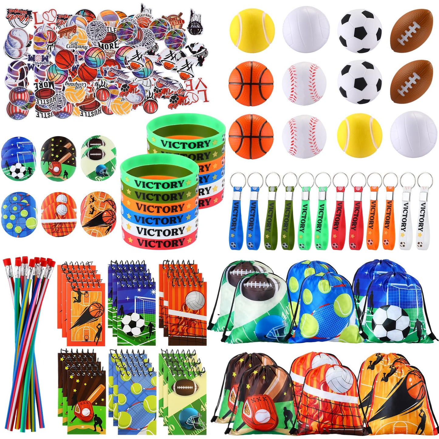 Fulmoon 140 Pcs Sports Party Favors Include Sports Drawstring Bag Mini Foam Sports Balls Bendable Pencil Sport Wristband Keychai