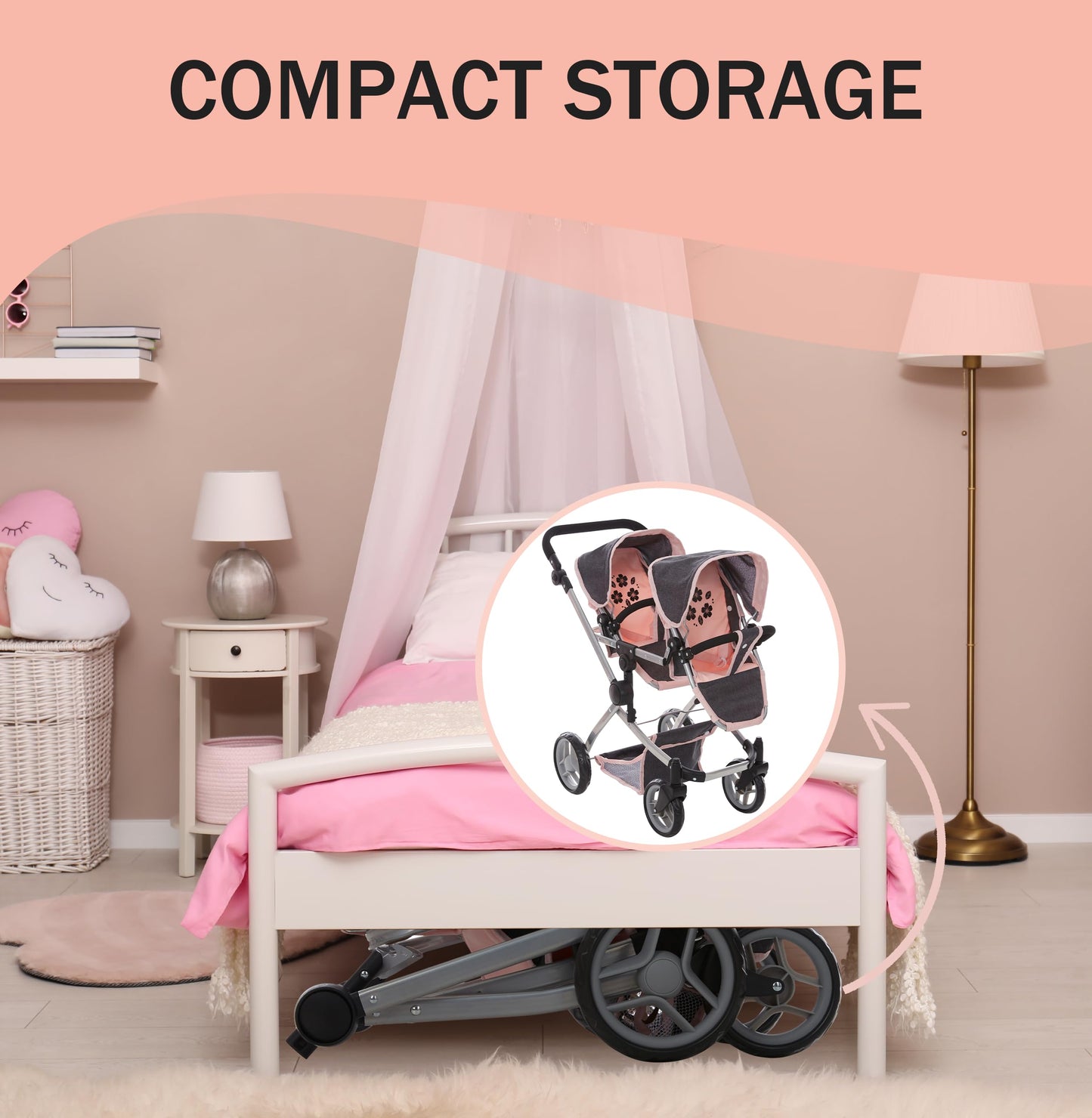 Dolls To Play Baby Doll Double Stroller, Twin Pink Pram Buggy Pretend Play For Girls, High Adjustable Handle Rotating Wheels Sto