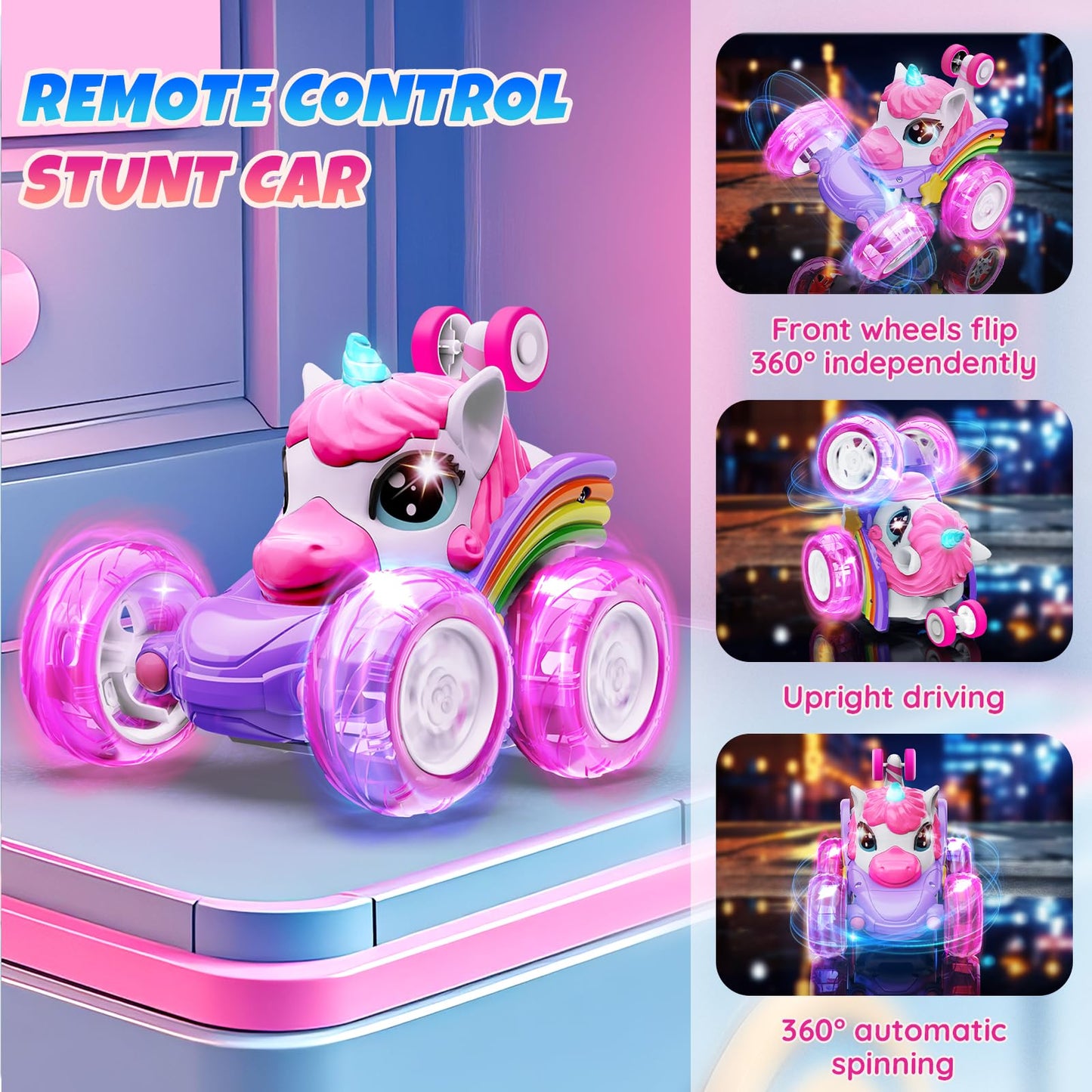 Innofans Unicorn Remote Control Car for Girls, 360 Rotating 4WD Stunt RC Cars with Cute Cool LED Lights, Rechargeable Car Toys B