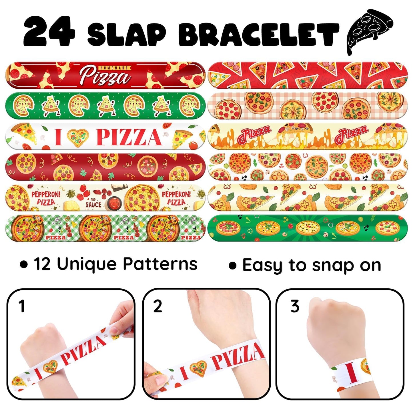 BOIKOKY 60 PCS Pizza Party Favors Set - 36 Temporary Tattoos & 24 Slap Bracelets, Multicolor, Ideal for Kids' Birthday Parties & Rewards