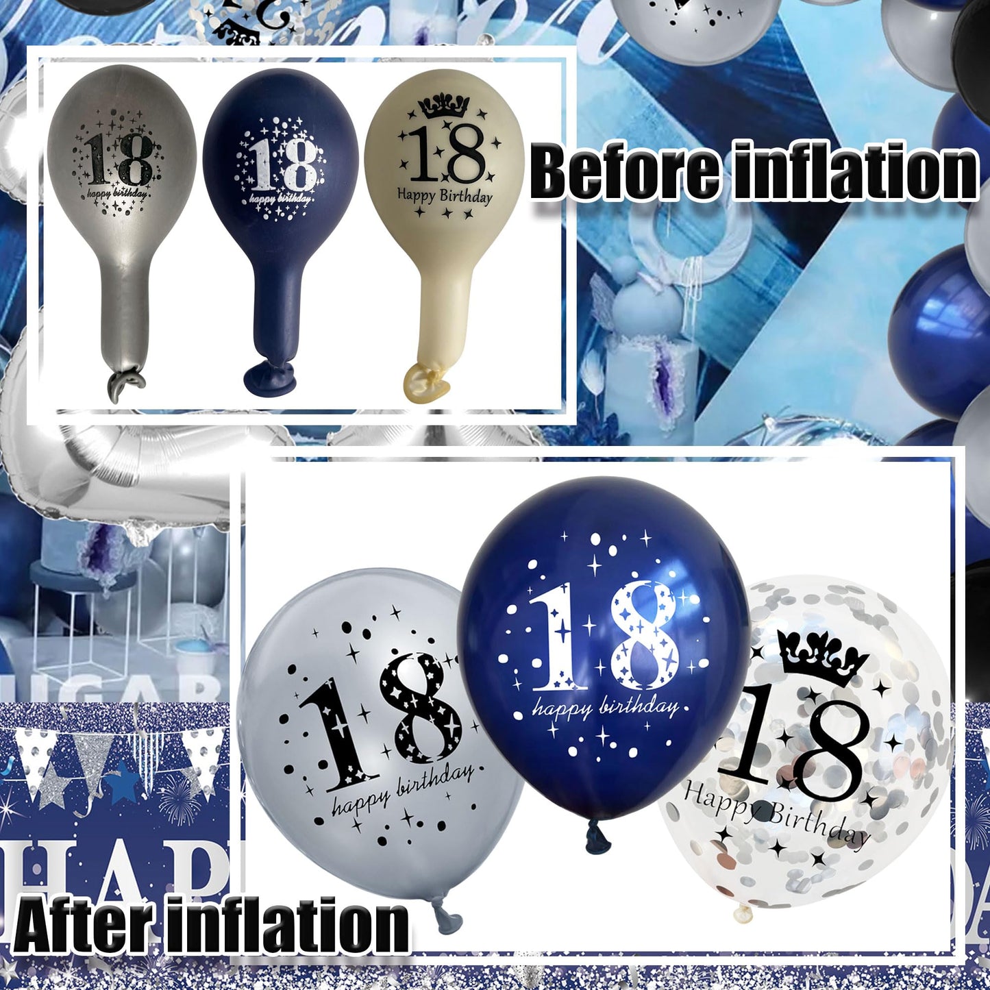 UniBirthLon 18Pcs Navy Blue Silver 18th Birthday Balloons Decoration, Rubber Latex Confetti Balloons for Men Women Party Décor