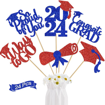 24Pcs Graduation Centerpieces For Tables 2025 Graduation Centerpiece Sticks Class Of 2025 Centerpiece Sticks For Graduation Table Decorations Graduation Decorations 2025 (Red Blue)