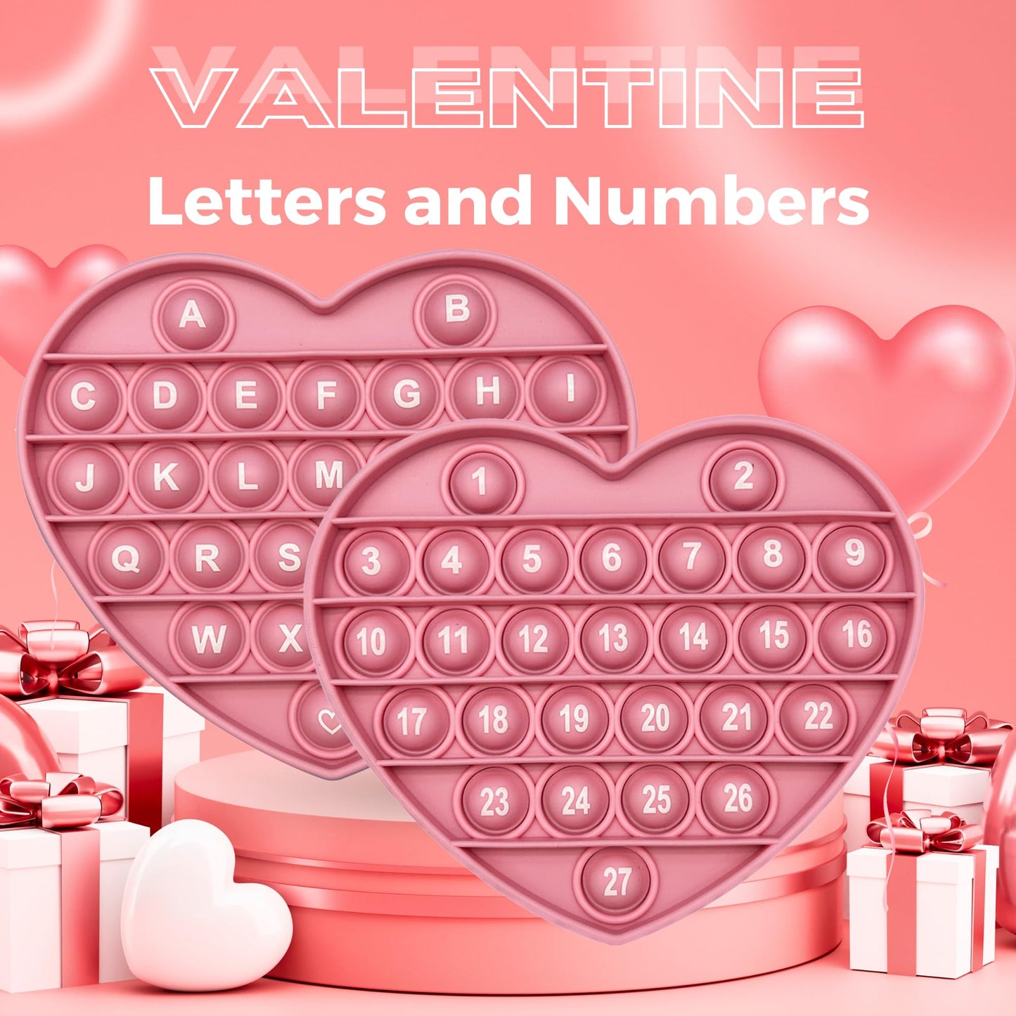 Petbsnvb Pink Heart Shaped Pop Bubble Valentines Fidget Toy With Letters And Numbers, Xmas Gift Sensory Toy With Alphabets Kids Birthday Party Classroom Prize Stress Reliever