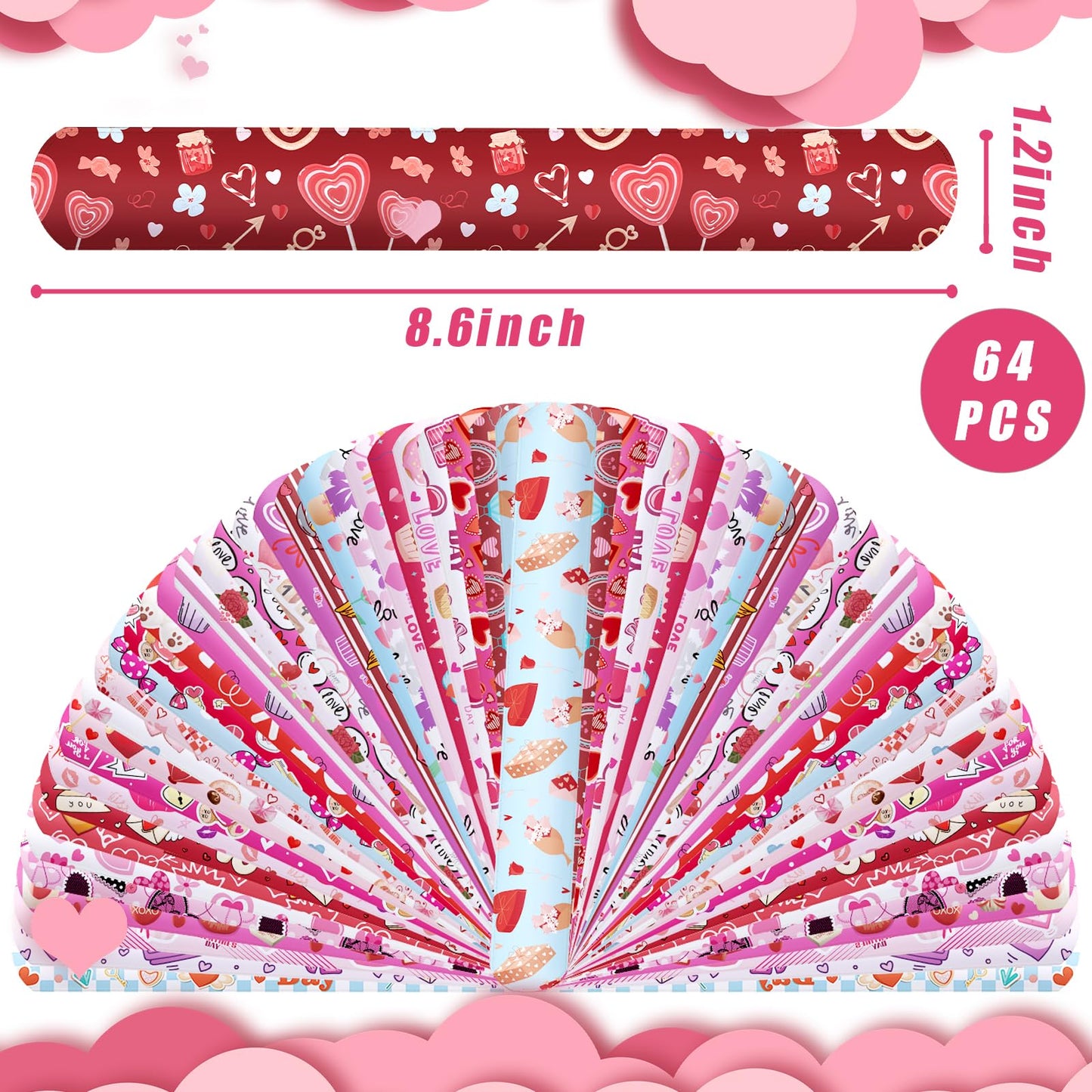 MCPINKY 64PCS Valentines Day Slap Bracelets, Slap Wristbands Assorted Red Valentines Day Snap Bands for Valentine's Day Party Fa