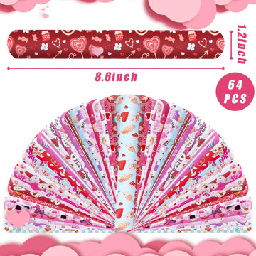 MCPINKY 64PCS Valentines Day Slap Bracelets, Slap Wristbands Assorted Red Valentines Day Snap Bands for Valentine's Day Party Fa