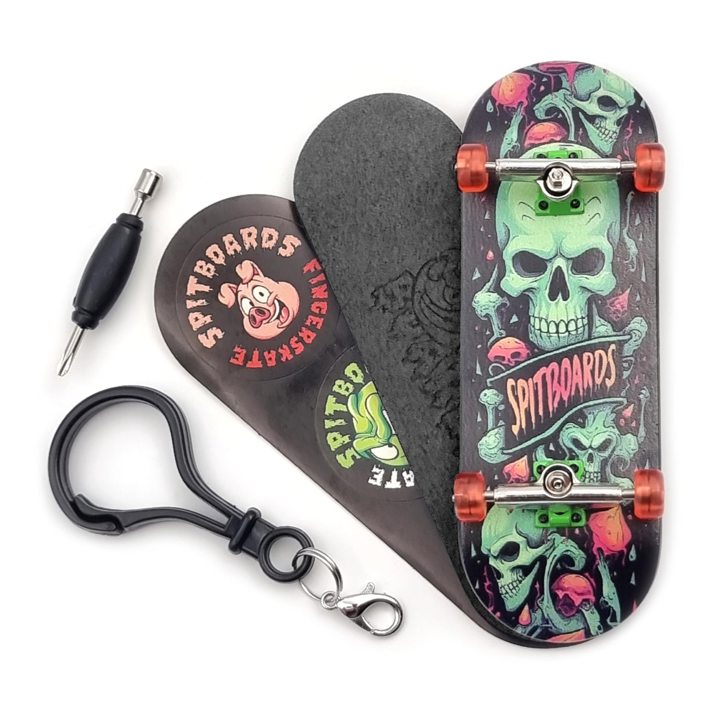 Spitboards® 32 X 96 Mm Fingerboard Complete Wood Set-Up Assembled, 5-Layers, Silver Trucks With Bushings And Nuts, Transparent Cnc Bearing Wheels, Lasered Foam Grip Tape Orange Green Skull