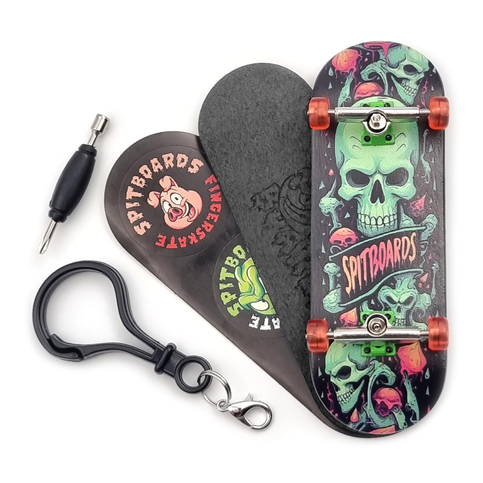 Spitboards® 32 X 96 Mm Fingerboard Complete Wood Set-Up Assembled, 5-Layers, Silver Trucks With Bushings And Nuts, Transparent Cnc Bearing Wheels, Lasered Foam Grip Tape Orange Green Skull