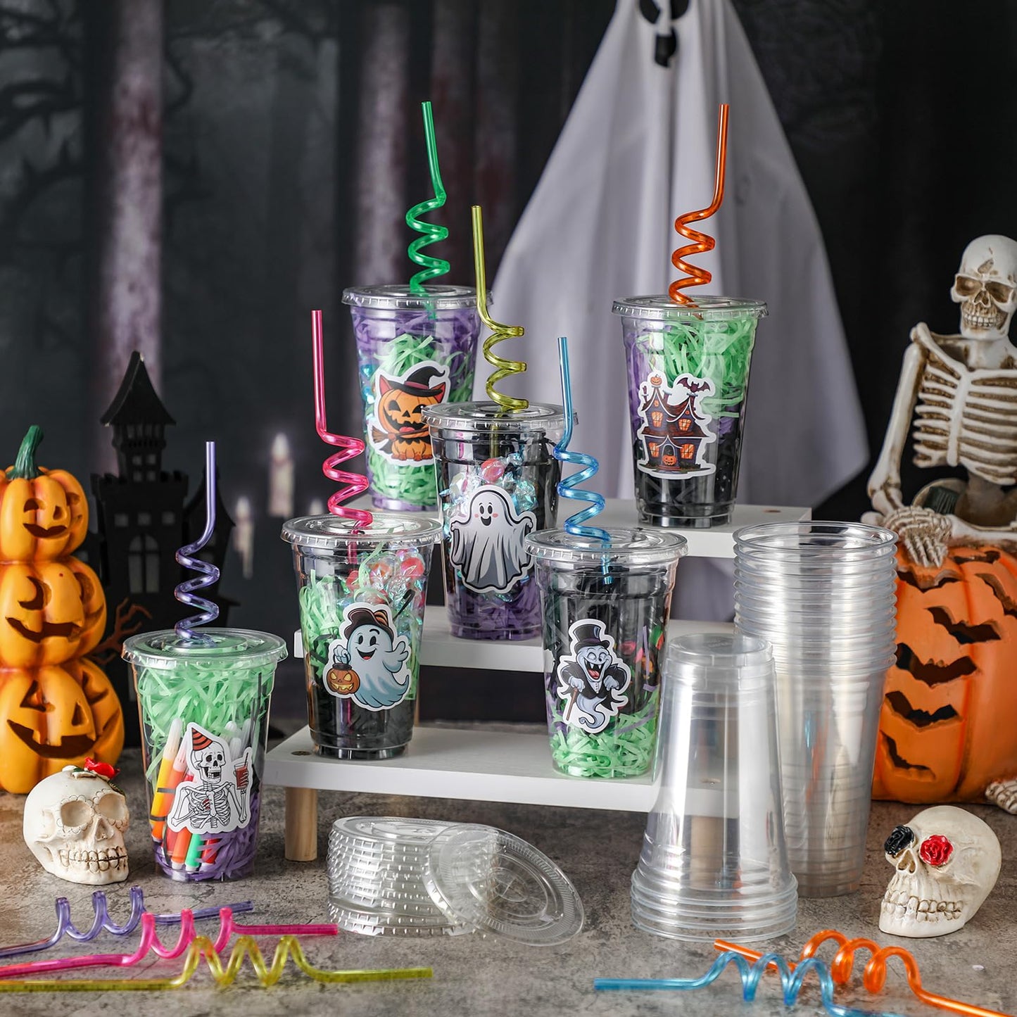 Qinyoung 24 Set Creative Halloween Classroom Favor Trick or Treat Plastic Cup with Lid Colorful Straw Sticker and Raffia Treat L