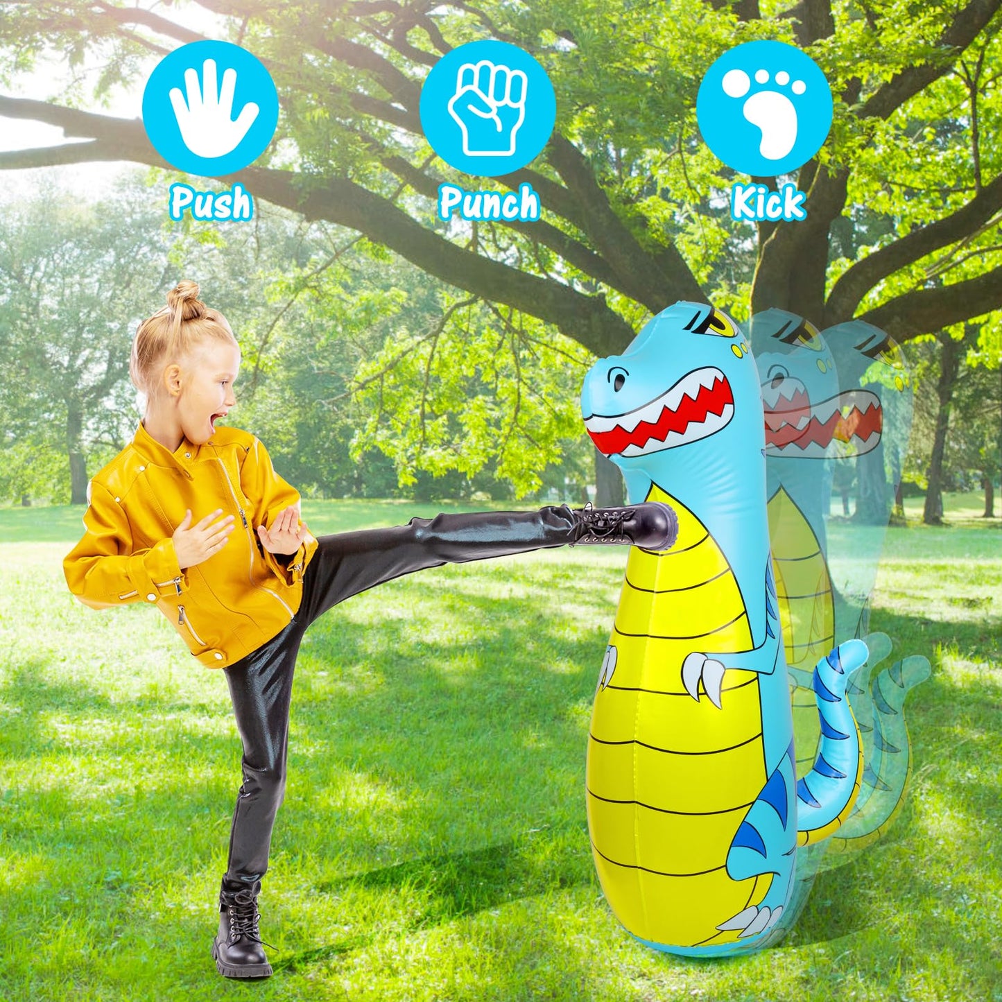 Eqard Punching Bag For Kids 47'' Inflatable Dinosaur Bop Bag With Thicker Material Instant Bounce Back With Boxing Gloves Karate