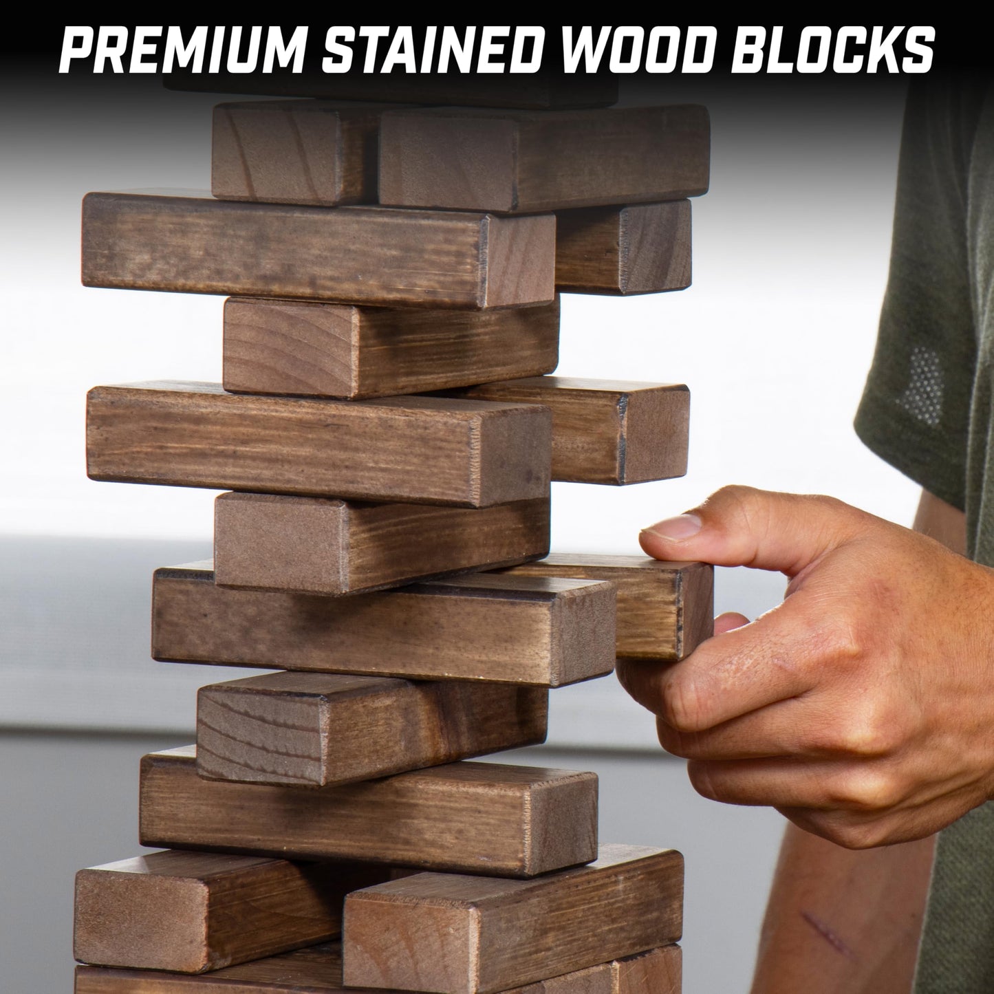 GoSports Large Wooden Toppling Tower - Stacks Up to 3 ft - Brown Wood Stain