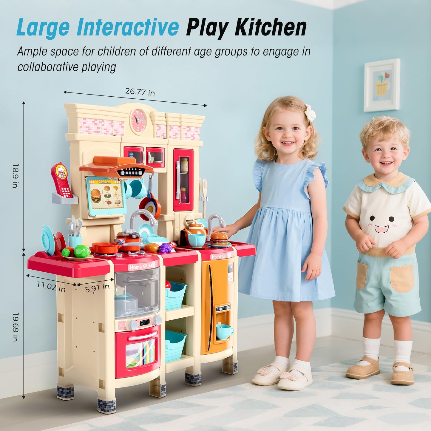 Sophia &William Kids Play Kitchen Set, Toy Kitchen with Sound & Light, Cooking Stove with Steam, Play Sink, Play Food Toy, Indoo