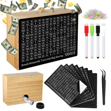 Larger 10000 Savings Challenge Box with 8 Targets$ 500-$10k Cash Vault Wooden Money Saving Box Caja De Ahorros Piggy Bank Reusab