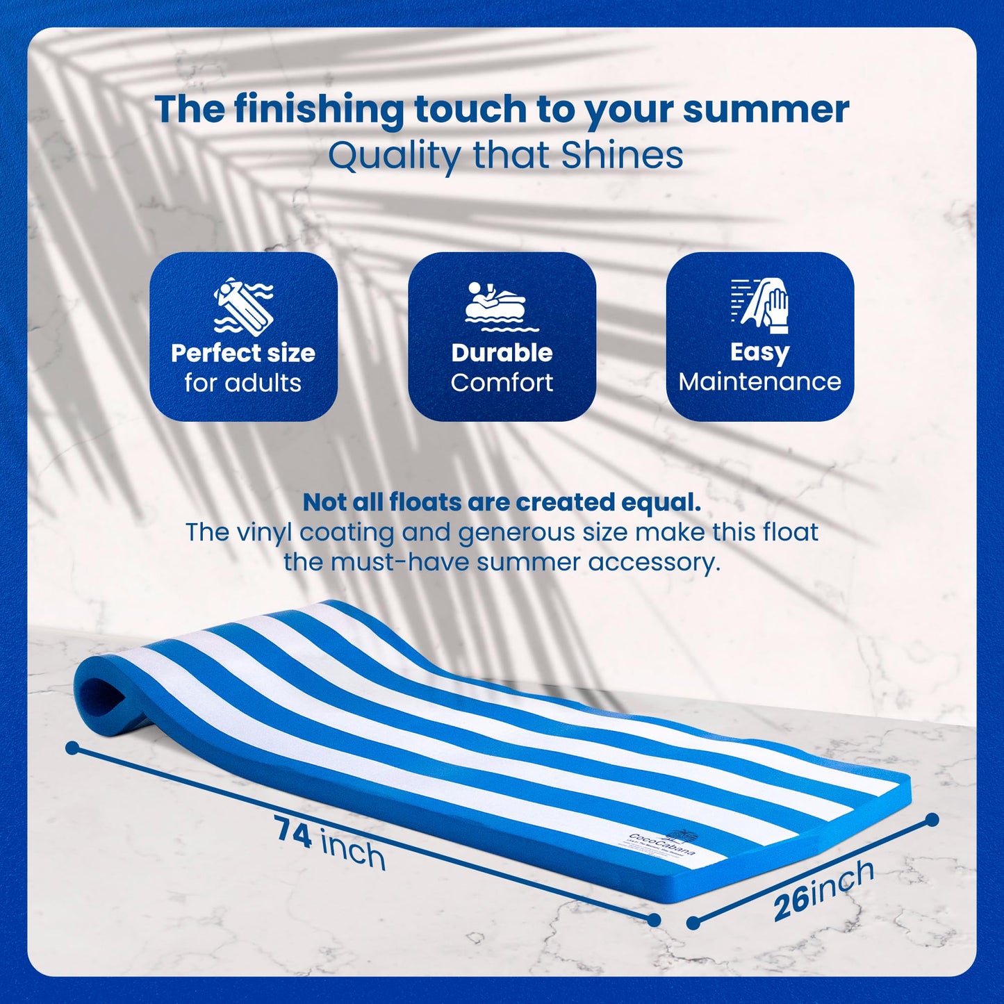 Cococabana 74 Inch Foam Float For Pools & Lakes Vinyl Foam Pool Floats (Pacific Blue Stripe, 2In Thick)