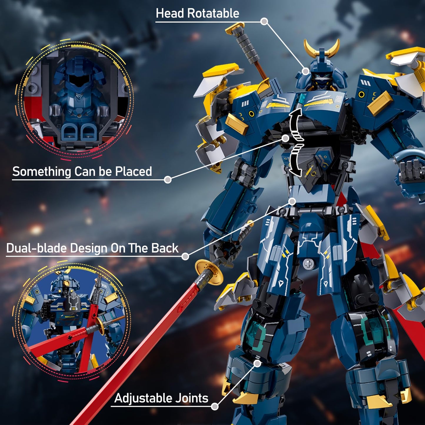 HIGH GODO Samurai Mech Warrior Building Set - 765PCS Blue Plastic Model Kit with Openable Cockpits for Ages 12+