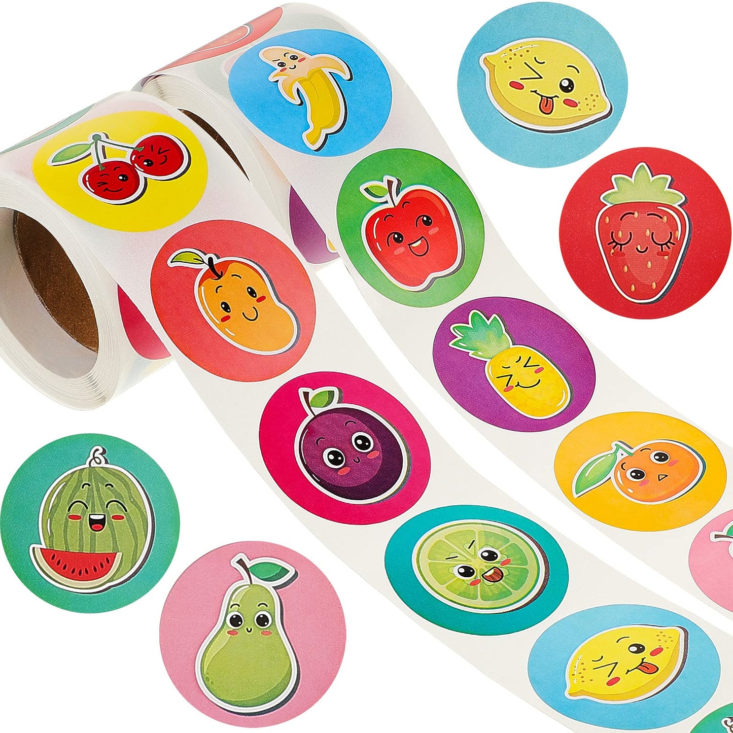 500 Pcs Fruit Roll Stickers, Happy Fruit Stickers, Colorful Fruit Smile Face Stickers Lovely Apple Orange Banana Pear Grapes Sti