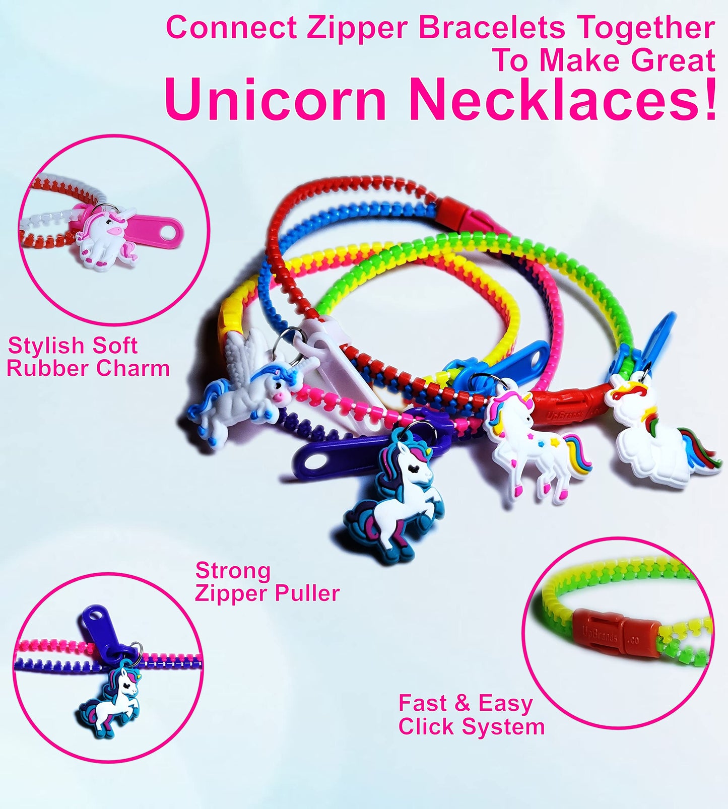 UpBrands Unicorn Zipper Bracelets Bulk Set - Party Kit for Kids, Goodie Bags, Piata Filler, Fidget Friendship Bracelets for Vale
