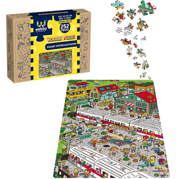Webby Kids Railway Station Illustration Wooden Jigsaw Puzzle, 252 Pieces