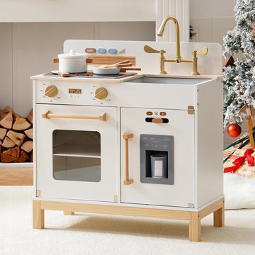 ROBOTIME Play Kitchen for Toddlers, Wooden Kids Play Kitchen Playset with Real Lights & Sounds/Ice Cube Dispenser, Pretend Play 