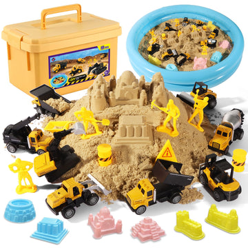 Play Construction Sand Kit,2.2lbs Magic Sand,8 Alloy Construction Vehicles,1 Inflatable Sandbox,8 Worker Figures and Road Signs,