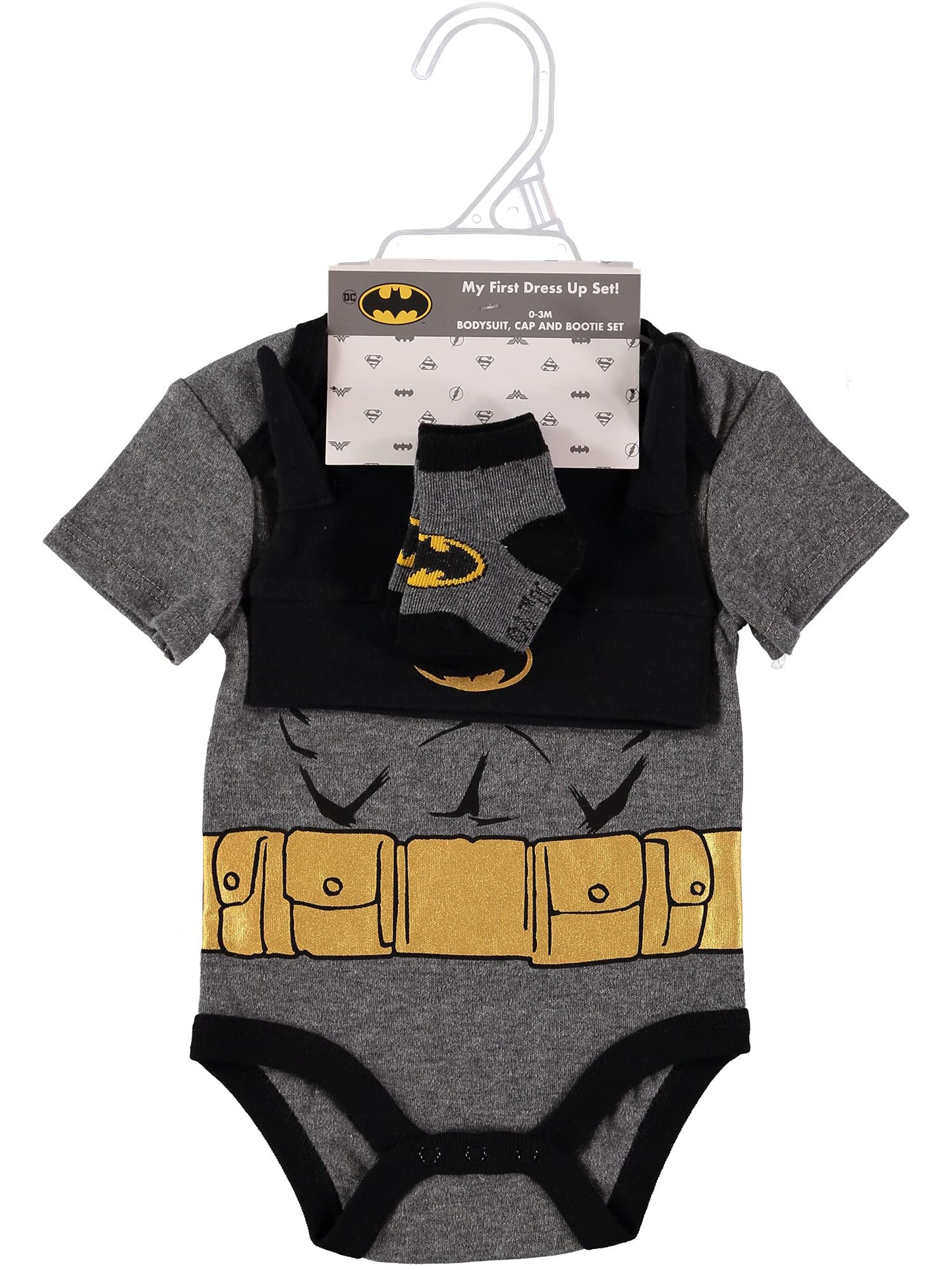 Dc Comics Batman Baby Clothes 3-Piece Set With Bodysuit, Baby Hat, And Baby Socks - Batman Baby Gift Set (Black/Yellow, 3-6M)