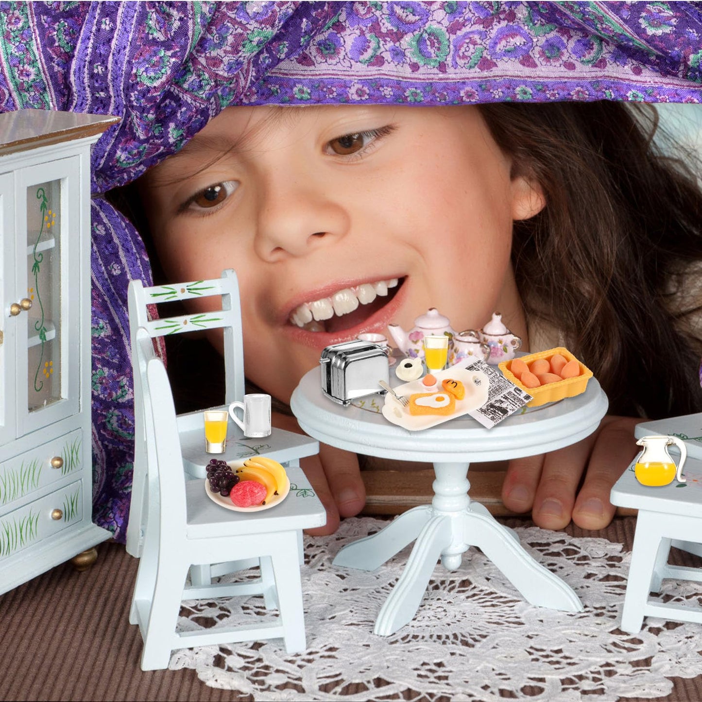 Simarro Miniature Dollhouse Breakfast Accessories, 46 Pcs 1:12 Scale Mini Toast Machine Bread Milk Eggs Cups Fruits Plates Fork
