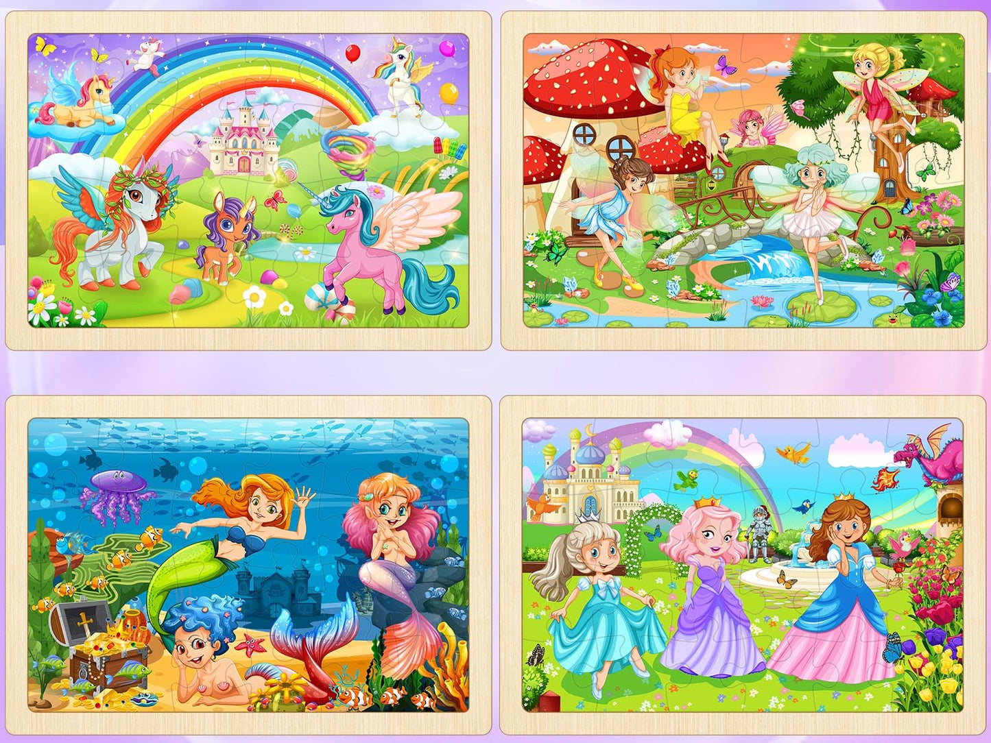 WaaLod Wooden Puzzles for Kids, 4 Pack, 24 Pieces, Educational Toys for Ages 4-6, Unicorn, Mermaid, Princess, Elf