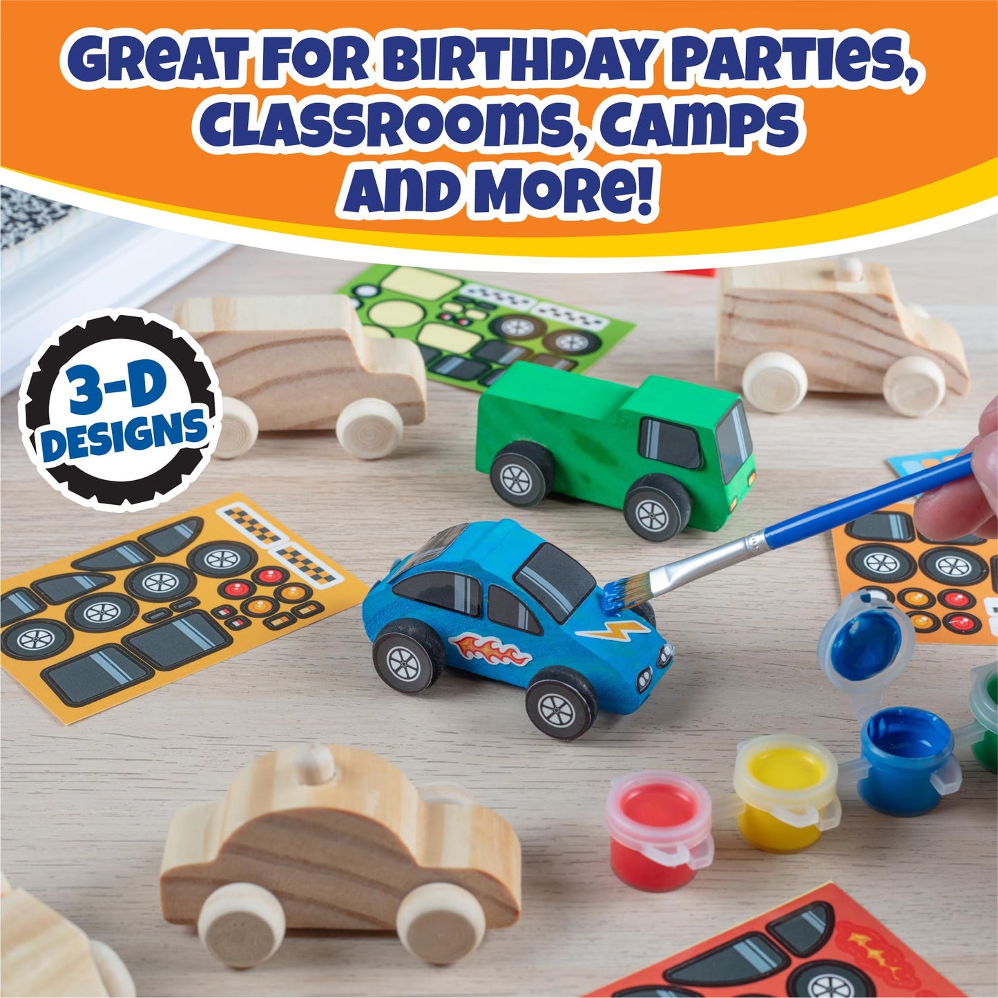 Kids Party Wood Painting Craft Kits (12ct) 3-D Cars - Each Kit Has its Own Brush, Paint, & Figure- 6 Designs Include Taxi, Truck