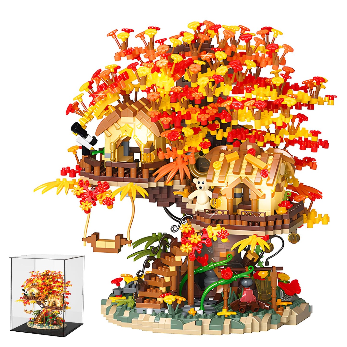Hjplpxh Cherry Blossom Bonsai Tree House Building Blocks Set With Acrylic Display Box, Plants Flowers Treehouse Architecture Mic