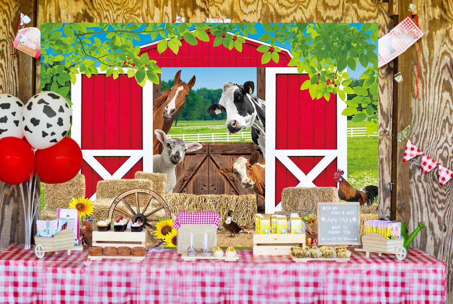 BAIFNEZ Farm Animals Backdrop Red Barn Farmhouse Barnyard Party Banner 8x6FT Country Farm Birthday Party Decorations for Kids Ba