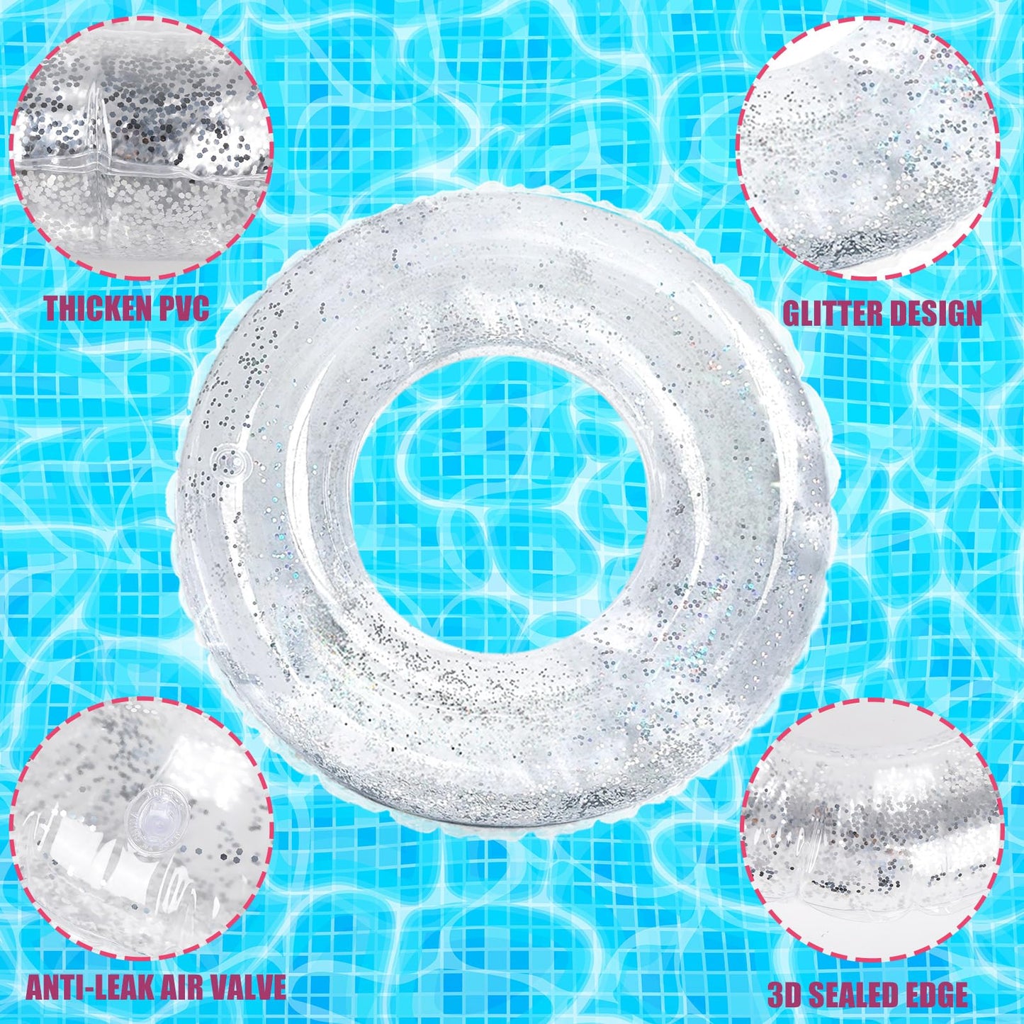 Whaline 4Pcs Inflatable Pool Floats Toys Clear Swim Tubes Rings Glitter Silver Pool Tube For Kids Boys Girls Outdoor Summer Swim