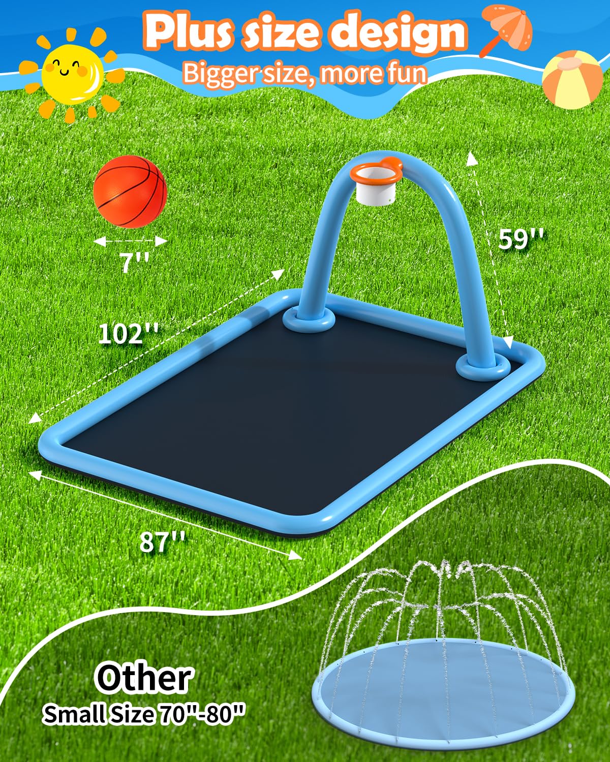 Octplay Splash Pad for Kids & Dogs, 102x87'' Large Sprinkler Pad Water Toys with Basketball Hoop, Thickened Non-Slip Splash Mat,