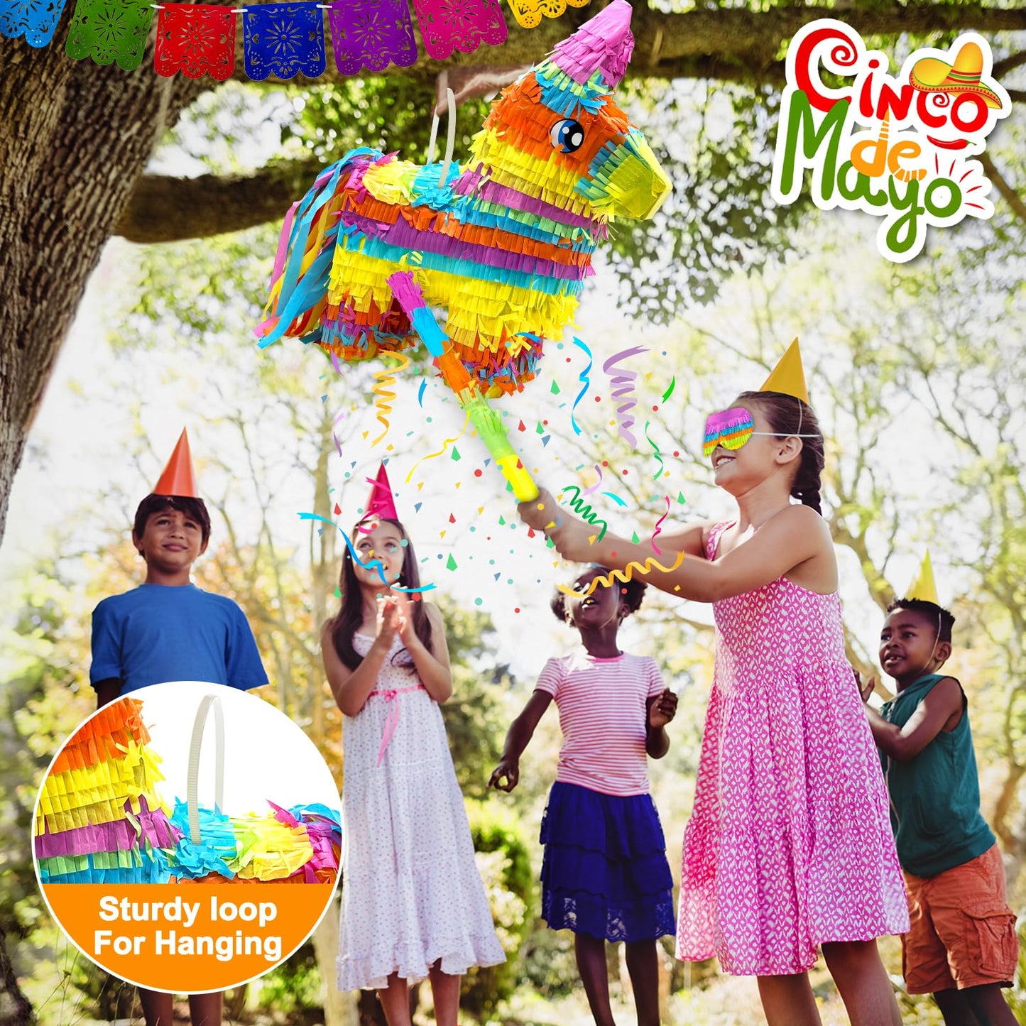 16 Cinco de Mayo Pinata, Large Rainbow Color Donkey Pinata 16 x 13 x 5.5 ln with Stick and Blindfold for Fiestas Mexican Party D