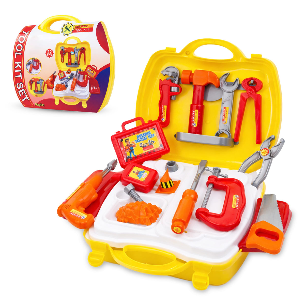 Toyshine Pretend Play Tool Set Toy For Kids | 22Pcs Engineer Toolbox With Construction Accessories| Toy Drill | Hammer| Saw| Scr