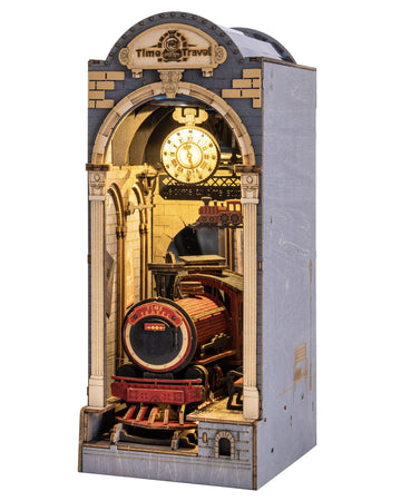 Robotime Diy Book Nook Kit Insert Bookcase Book Stand 3D Wooden Puzzle Diy Miniature House Wood Bookend Book Nook Model Building Kit With Led Light Booknook Decoration (Time Travel)