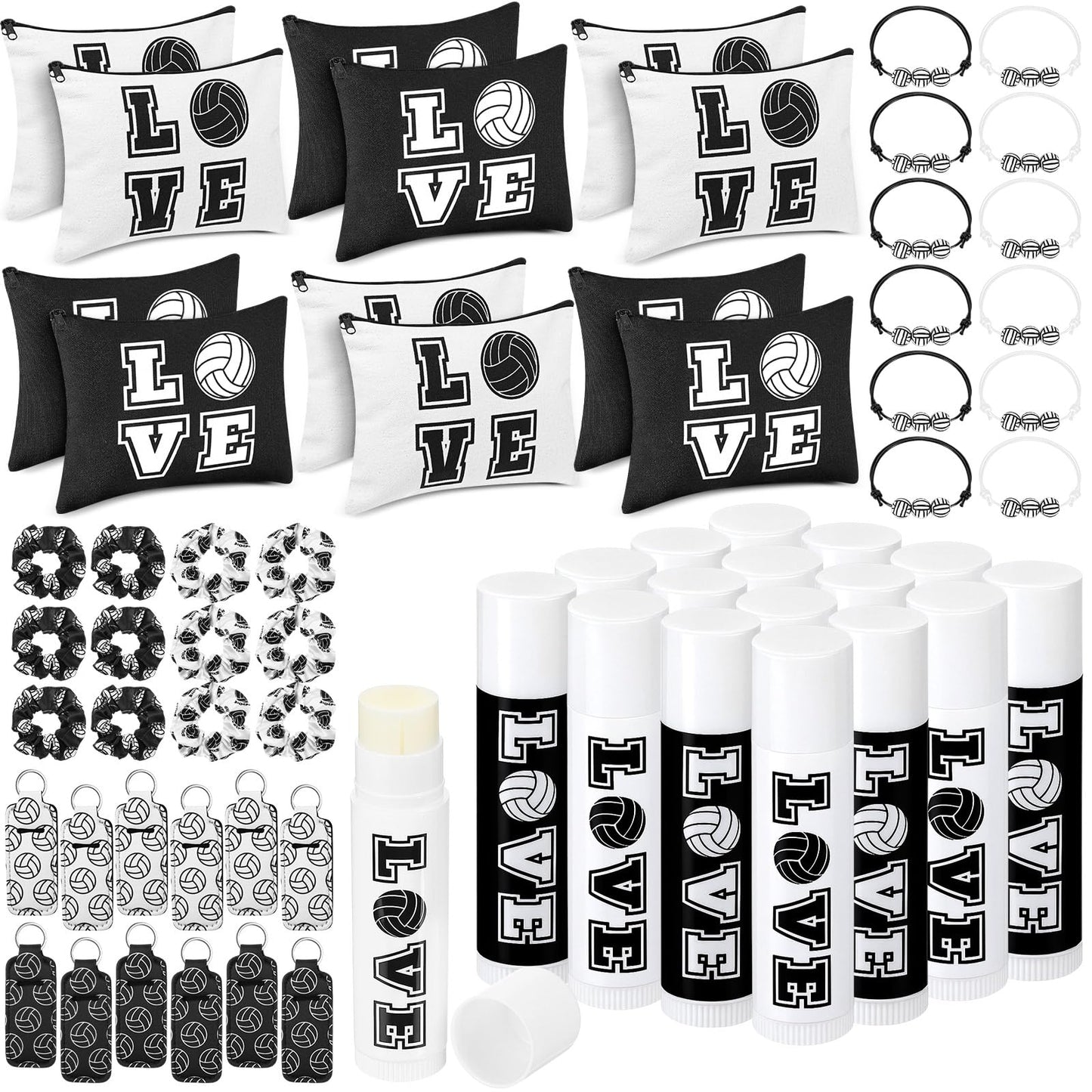 Heigble 60 Pcs Volleyball Team Gifts 12 Cosmetic Makeup Bags 12 Hair Scrunchies 12 Charm Bracelet 12 Lip Balm 12 Lipstick Holder