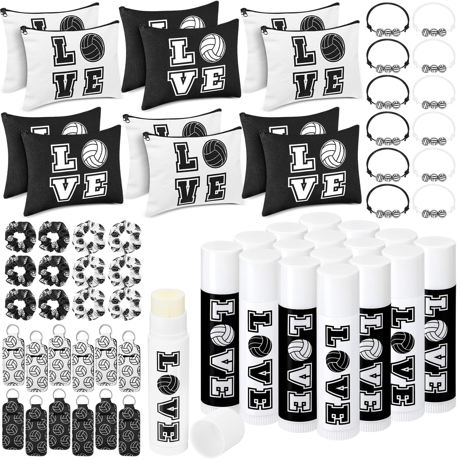 Heigble 60 Pcs Volleyball Team Gifts 12 Cosmetic Makeup Bags 12 Hair Scrunchies 12 Charm Bracelet 12 Lip Balm 12 Lipstick Holder