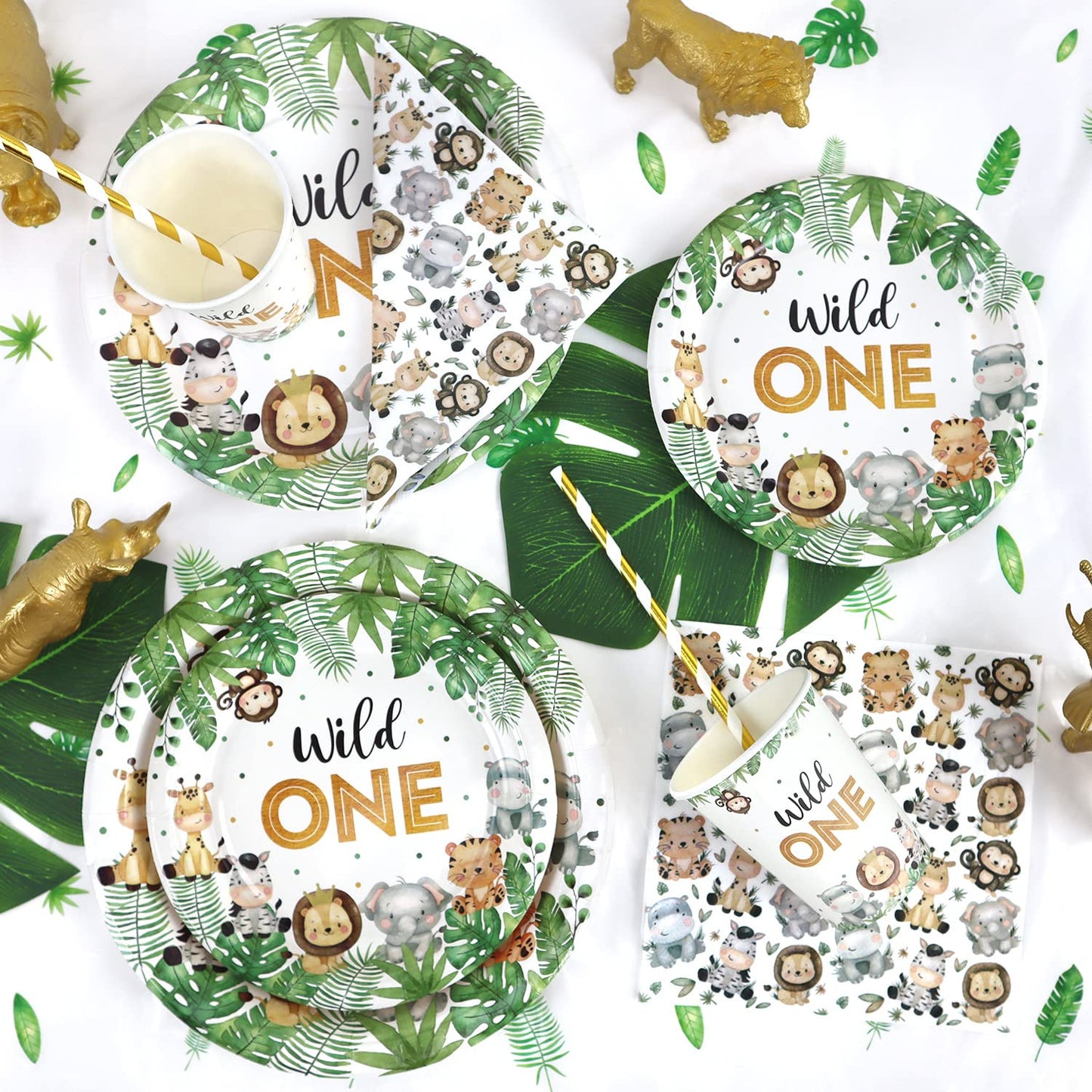 Heboland Wild One Birthday Decorations Plates Set for 25 Guests, Safari Jungle Theme Plates and Cups and Napkins Straws Sets Boy