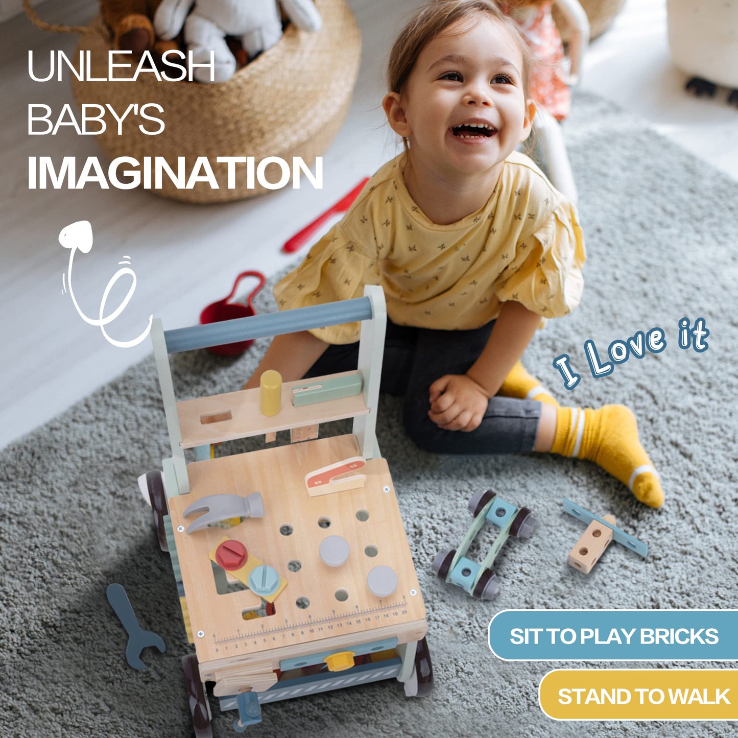 2-In-1 Baby Push Walker - Wooden Push Walker And Tool Toy For Babies - Toddler Learning Activity Walker For Girls Boys 1-3 Years