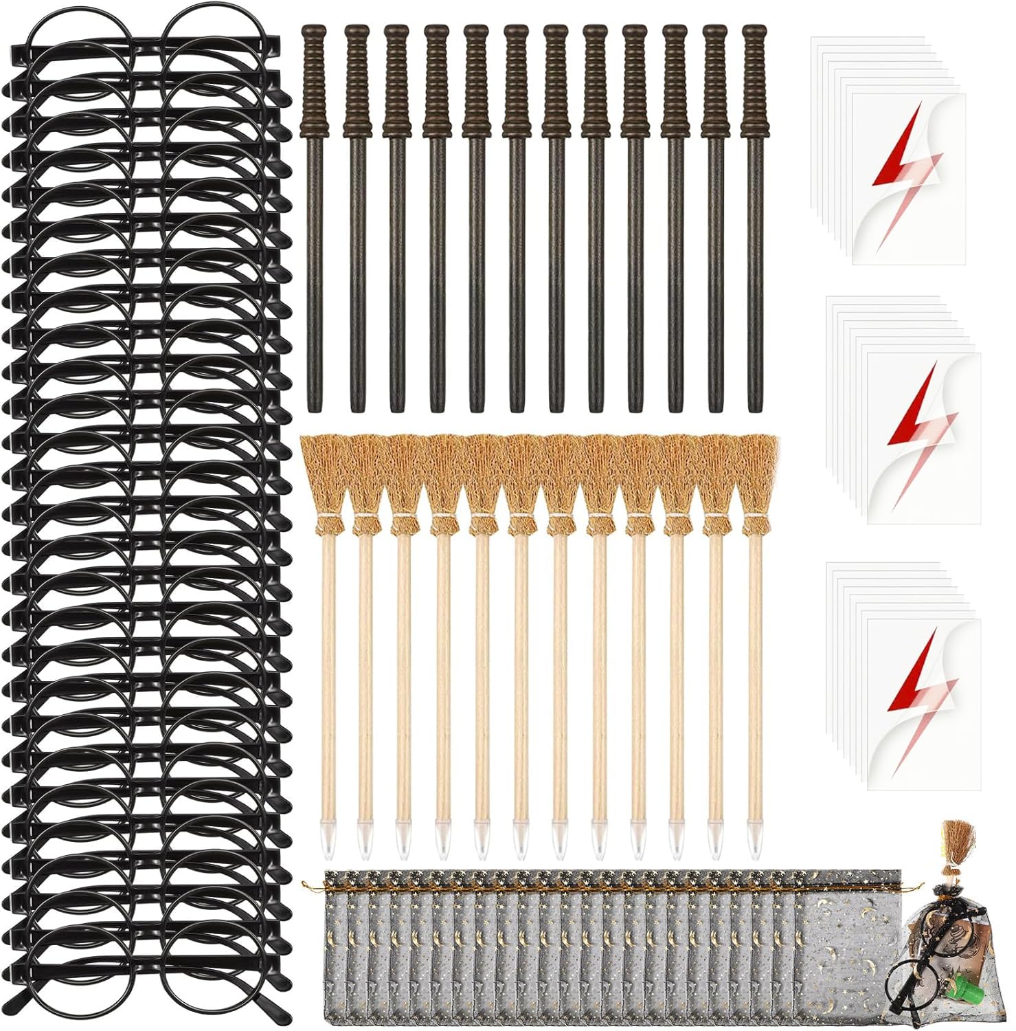 96 PCS Wizard Party Favors Set, Wand Pencils, Broom Pencils,Wizard Glasses with Round Frame No Lenses, Lightning Stickers, Gift 