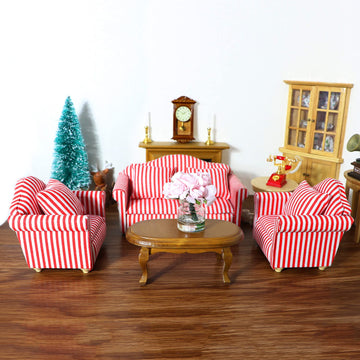 Dollhouse Couch With Pillow 1 12 Scale Miniature Sofa Arm Chair Living Room Furniture Wooden Fabric Frame Single Reading Chair Artificial House Room Scene Decoration (Stripe)